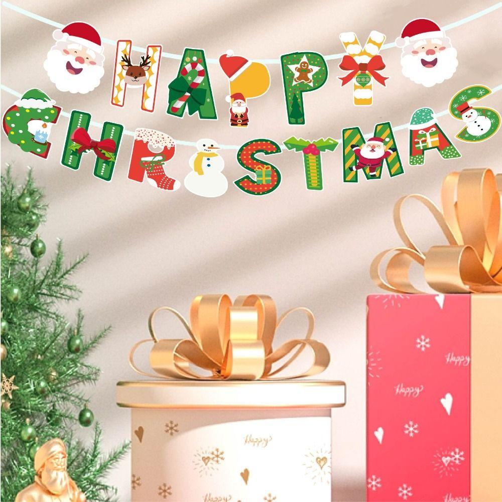 Santa Claus Christmas Tree Elk Banner Decorative Christmas Pull Flags  Venue Decoration Props