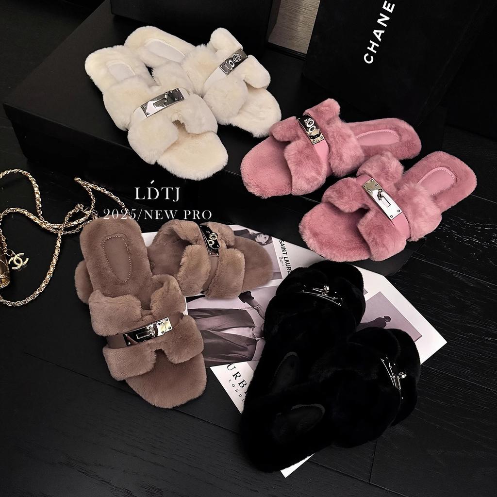 Suding Home "Mao Mao Tuo" Summer Gentle Fashion Versatile Premium Sense Flat Bottom One Word Plush Cotton Slippers Women's New