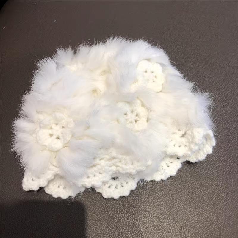 New Winter Handmade Hooked Rabbit Hair Knit Hat for Women White Plush Korean Style Versatile Warm Outdoor Head Hat