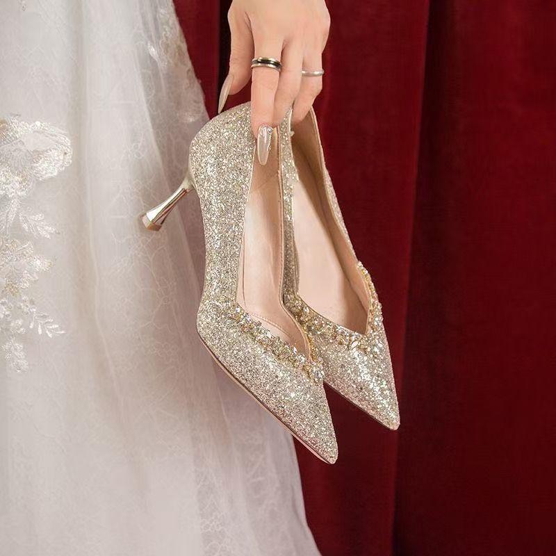 Premium pointed head shallow mouth stiletto single shoes women's spring and summer French versatile not tired feet high heels women