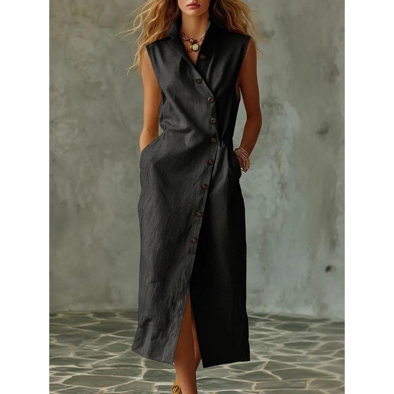 QICED Fashion Summer Spring Solid Color Print Sleeveless Casual Dresses