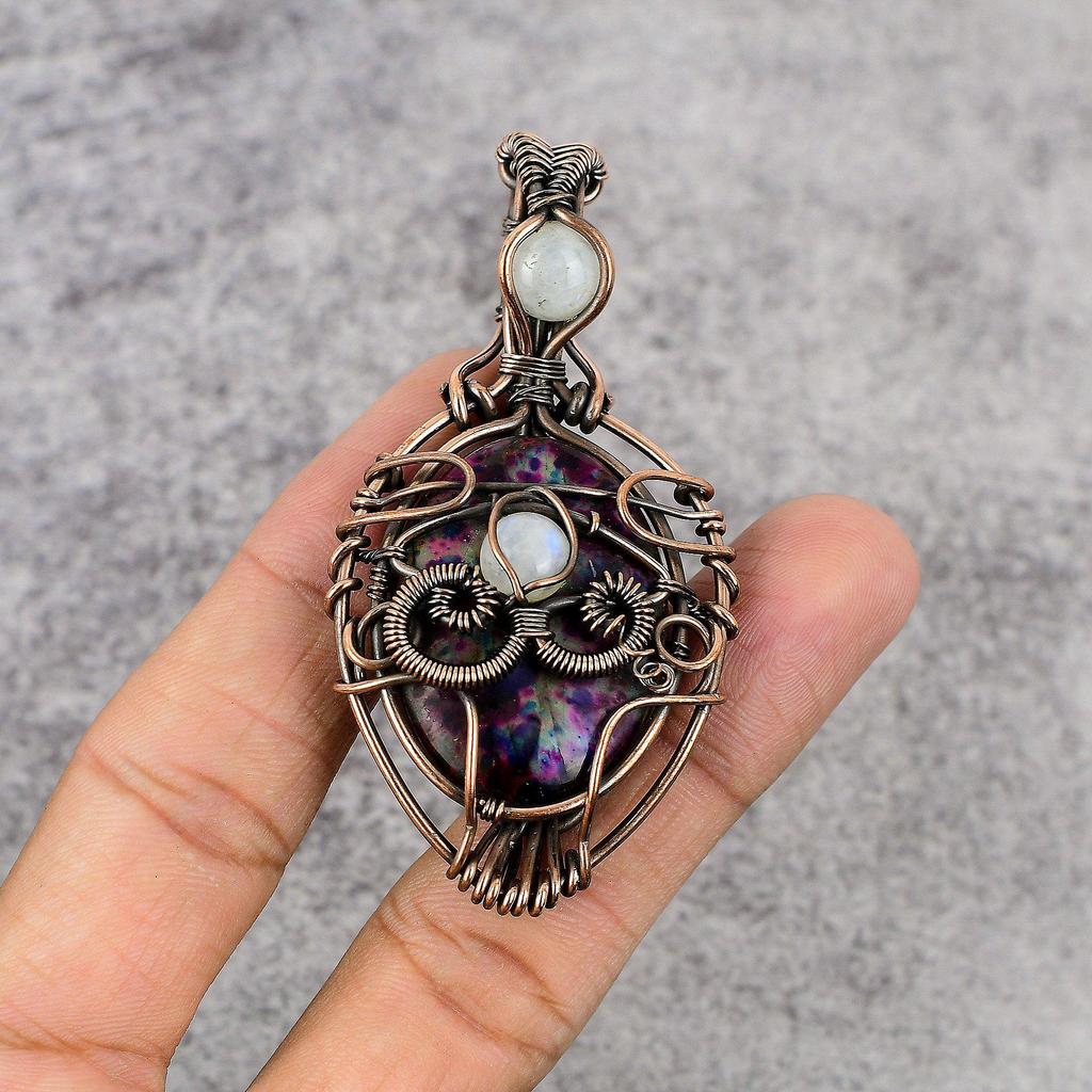 Multi Flash Labradorite & Rainbow Moonstone Pendant, 999 Copper Wire Wrapped Jewelry, Gemstone Jewelry, Handmade Pendant, For Wedding Gift