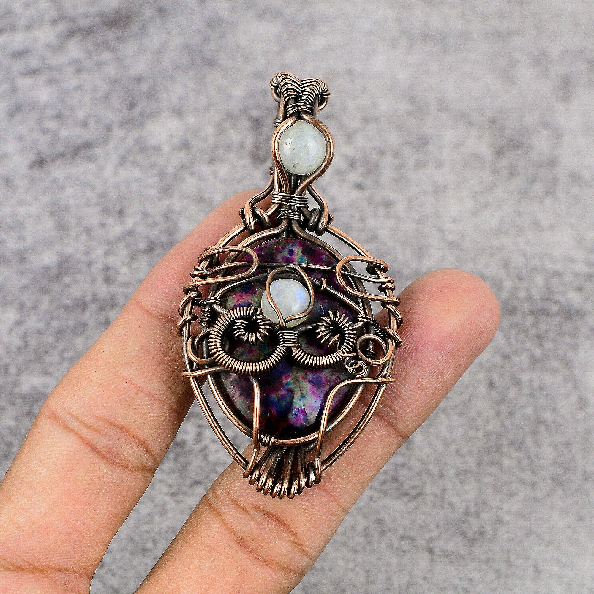 

Multi Flash Labradorite & Rainbow Moonstone Pendant, 999 Copper Wire Wrapped Jewelry, Gemstone Jewelry, Handmade Pendant, For Wedding Gift 2.25 Inches