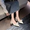 2025 Modern Office Shoes for Women Black Wedding Slingback Pointed Toe Butterfly Decoration Female High Heeled Sand