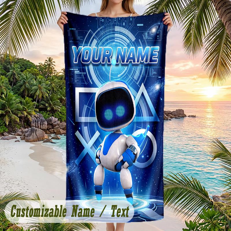 Astro Bot Beach Towel, Personalized Custom Text, Quick Dry Soft Large Towel For Swimming Pool Travel