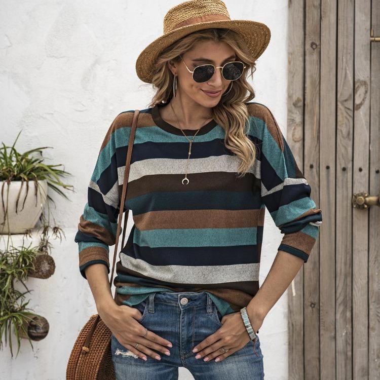 Oversize Women Loose Stripe Sweatshirt Sweater Round Neck Tshirt