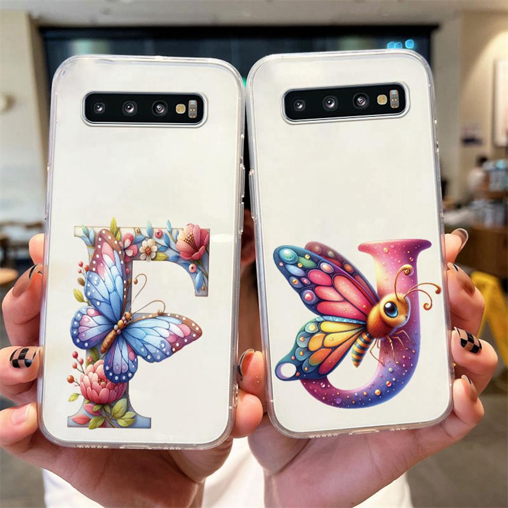 For Samsung Galaxy S10 Plus S10+ S10e Silicone Cover Transparent Clear Samsung s10 Cute Blue Butterfly Flower Letters Phone Case
