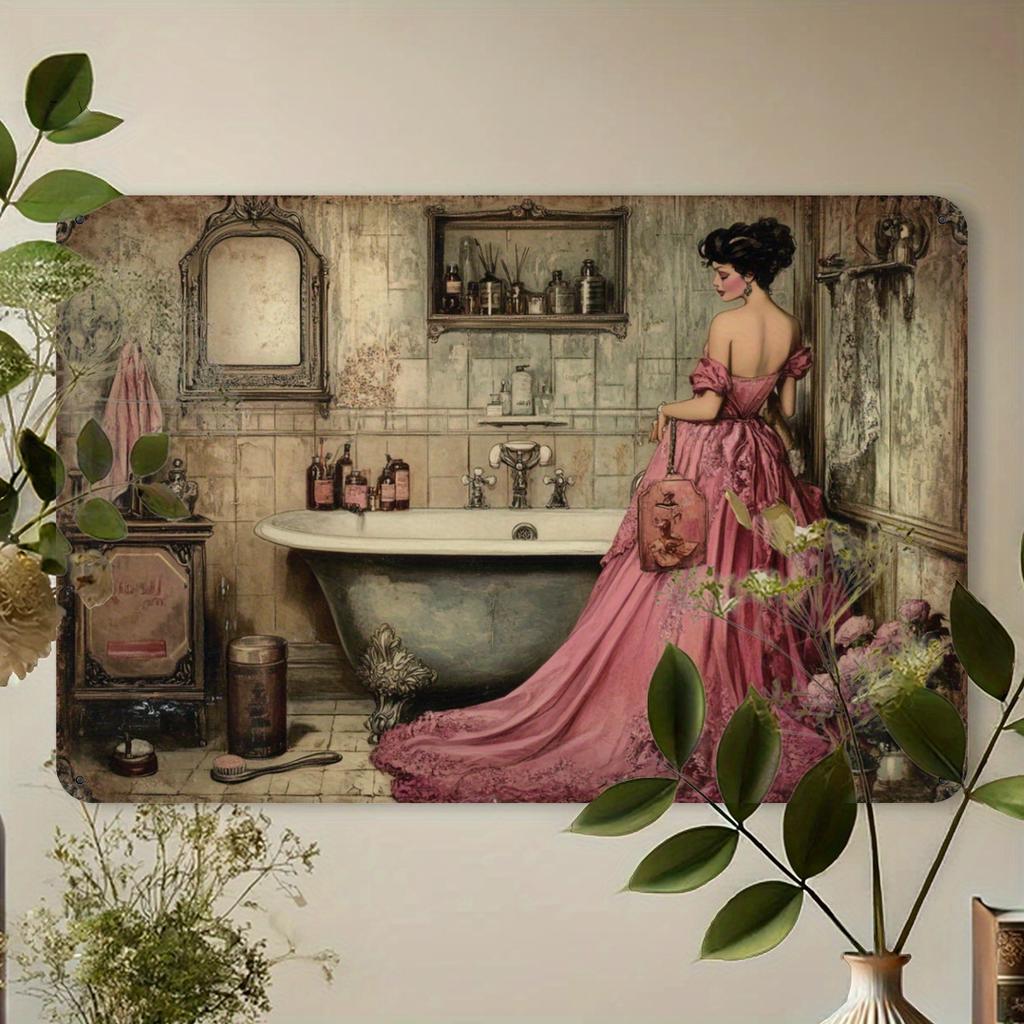 Metallschild im Vintage-Stil - Frau beim Anziehen im Badezimmer - Folienprägung Wandkunst für Heim- und Garagendekor, Eisenmaterial