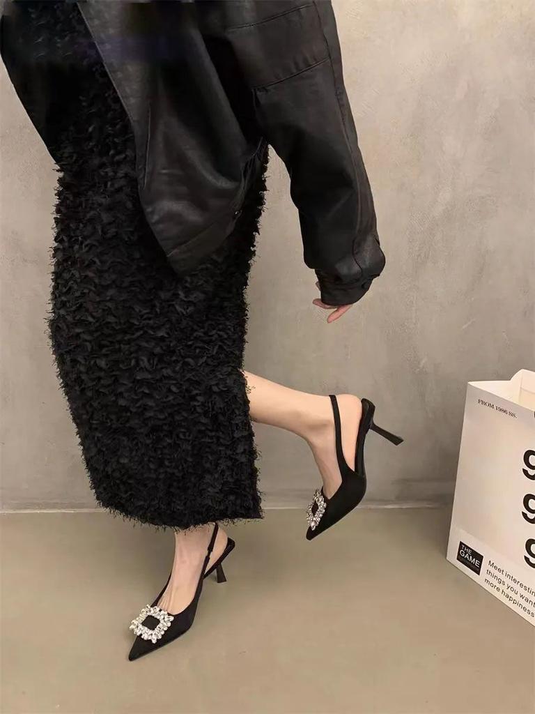 Schwarze spitze High-Heel-Einzelschuhe, Strass-Taschenkopf-Sandalen, Damen Sommer neue Stiletto-Röcke mit hohen Absätzen