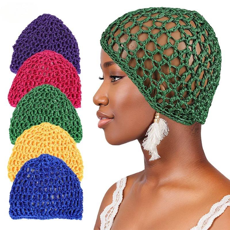 New adult hair cap hollow Baotou cap solid color knitted mesh cap tie hair fishing net turban cap