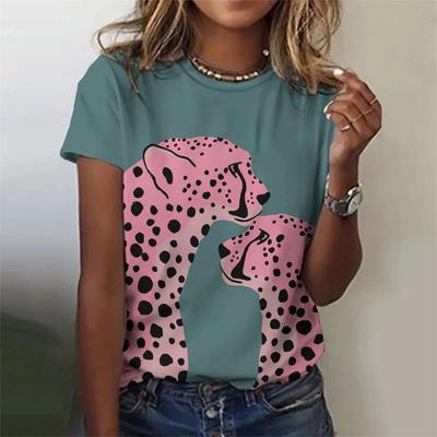 Kadın 3D leopar desenli eğlenceli tişört, renkli hayvan deseni tişört, yazlık günlük kısa kollu, yuvarlak yaka kollu tişört