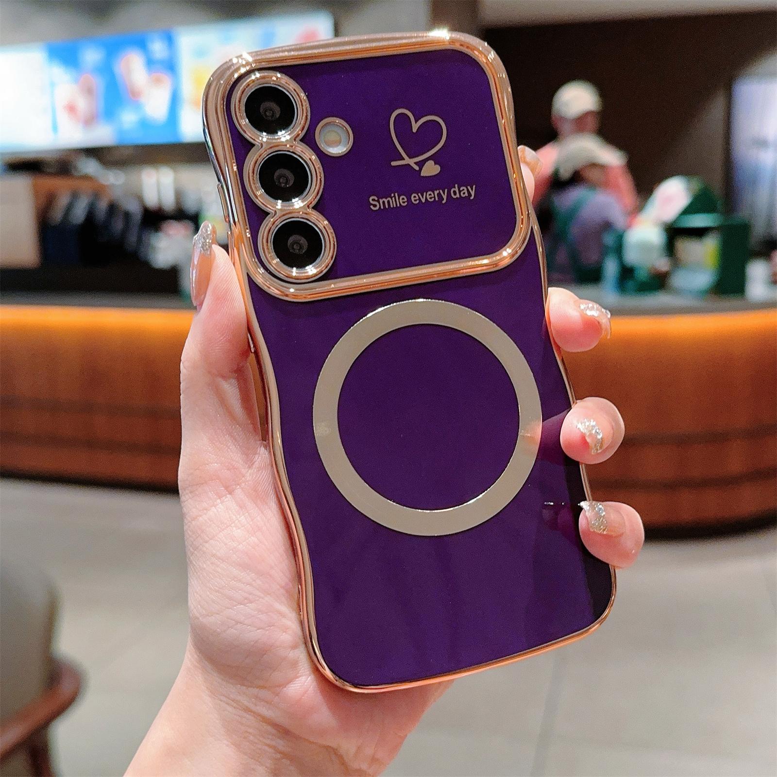 

For Samsung Galaxy S25 Magnetic Case Electroplating Curly Frame TPU Phone Cover Large Window Dark Purple