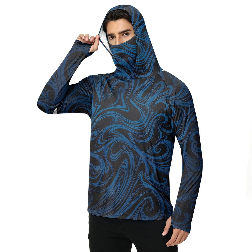 Men's Casual Outdoor Hooded Long Sleeve Sun Protection Shirt Lightweight Breathable Striped Printed Pullover Top for Sports Hiking Fishing
