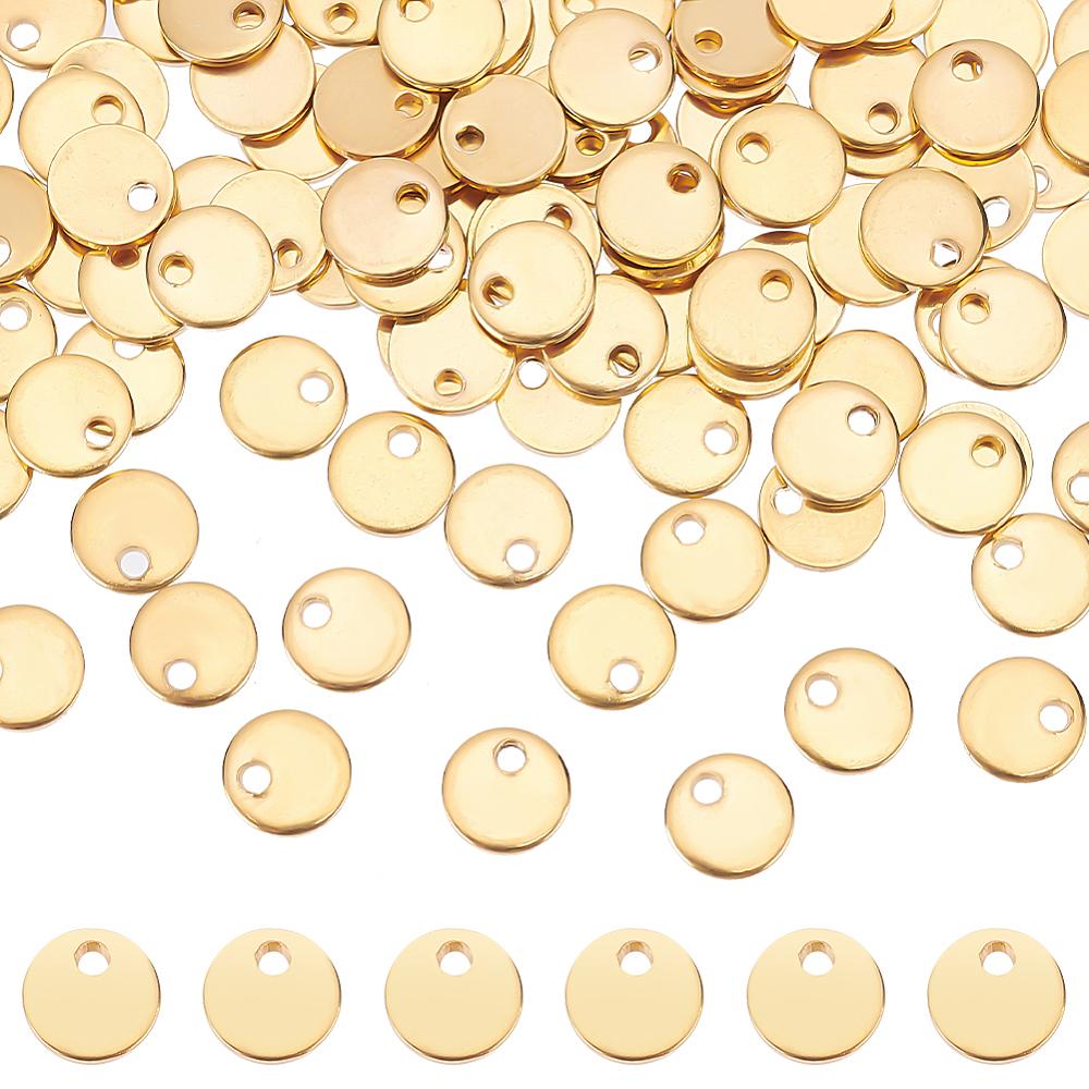 120Pcs 201 Stainless Steel Laser Cut Charms Blank Stamping Tag Flat Round Golden 6x1mm Hole: 1.2mm