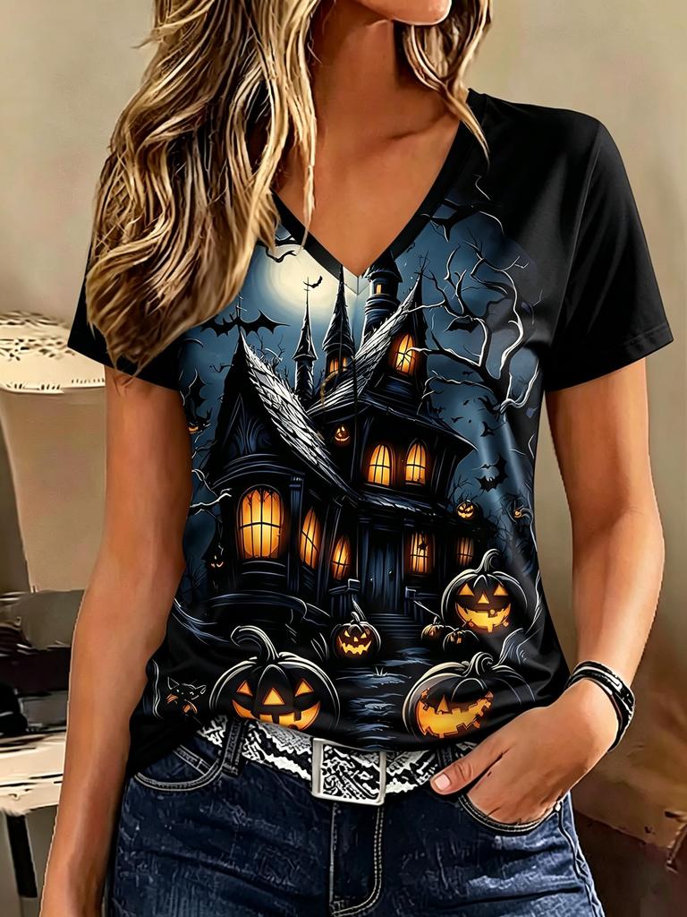 Damen V-Ausschnitt Kurzarm T-Shirt Halloween Niedlicher Cartoon-Druck Tee Totenkopf Hexe Kürbis Schloss Fledermaus Grafik Damen Oberteil