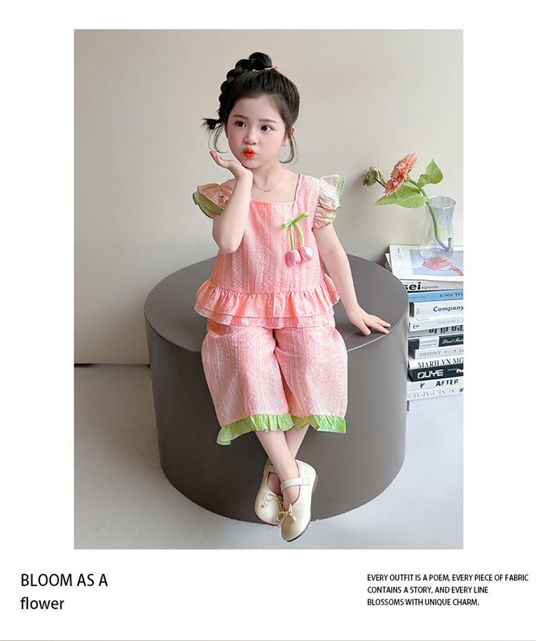 2026 New Girls' Summer Style: Fashionable Solid Color Lace Two-Piece Set with Small Puff Sleeves for Small and Medium Children