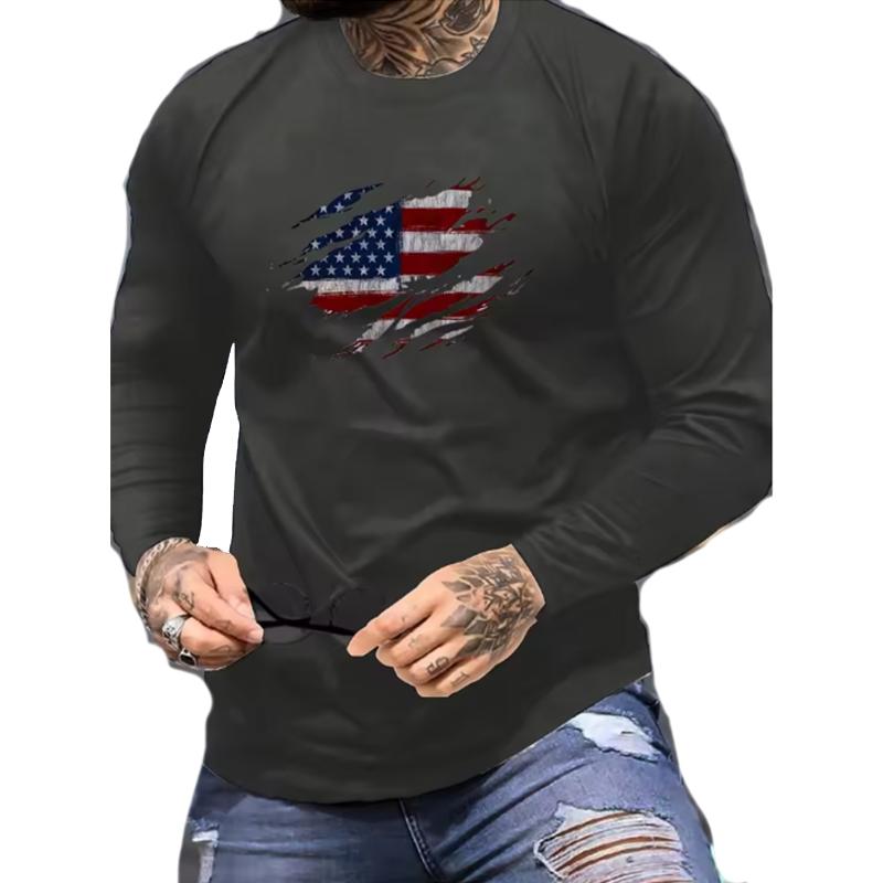 Summer Men's Long Sleeve T-Shirt Round Neck Design American Flag Pattern Comfortable Polyester Suitable for Outdoors