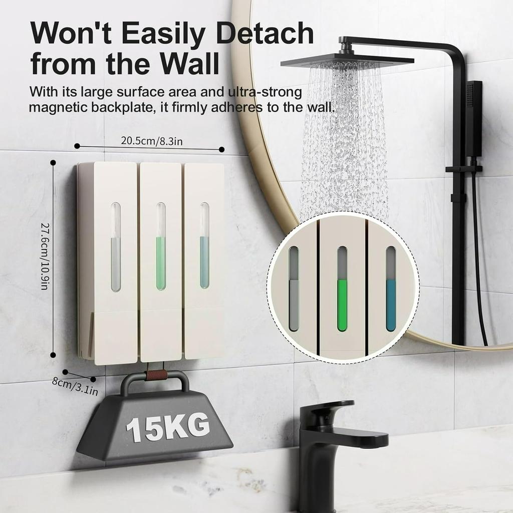 Shampoo and Conditioner Dispenser - Wall-Mounted 3-Chamber Shower Soap Dispenser, No-Drill, 1200ML Capacity, for Bathroom & Hotel
