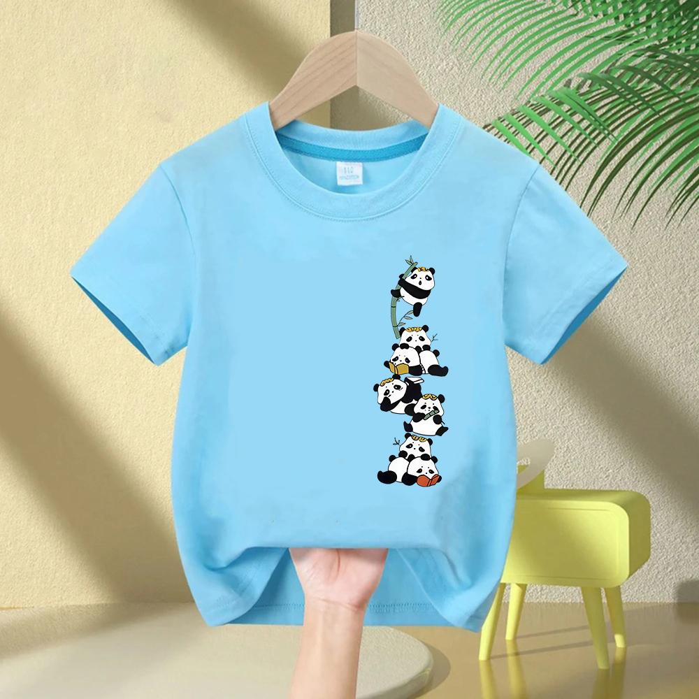 Cute Panda Print Kid Girls Tshirt Casual Short Sleeve Crew Neck Top for Summer Spring 100 Cotton Clothing