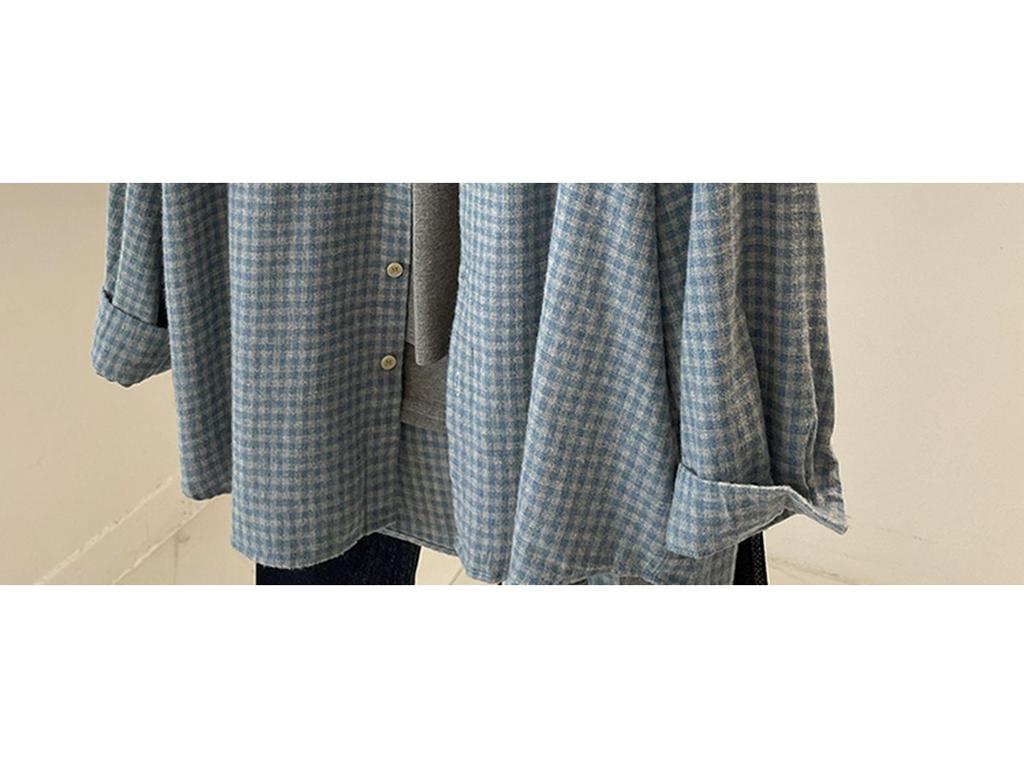Women's Retro Brushed Blue Plaid Shirt Jacket – Thick, Loose Casual Outerwear for Autumn/Spring