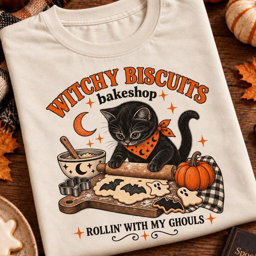 Witchy Biscuits Black Cat Shirt, Halloween Baking Tee, Spooky Kitty Graphic, Vintage Bakery Halloween Shirt