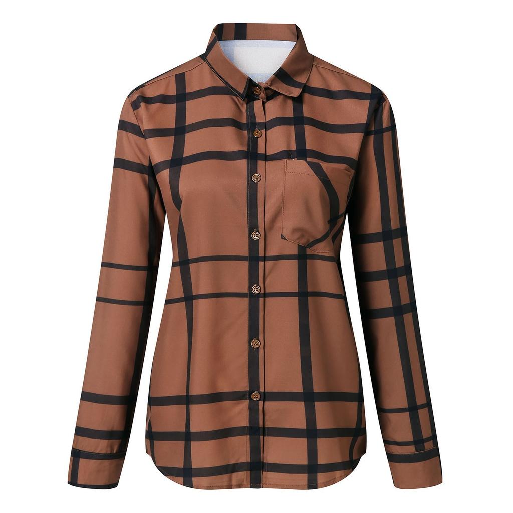 Women's Casual Loose Lapel Long Sleeve Plaid Printed Shirt Blouse Shirts Tops