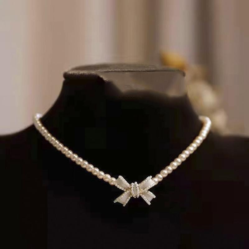 Trend Elegant Jewelry Wedding White Oil Bow Pendant Necklace For Women White Imitation Pearl Choker Necklace N0430
