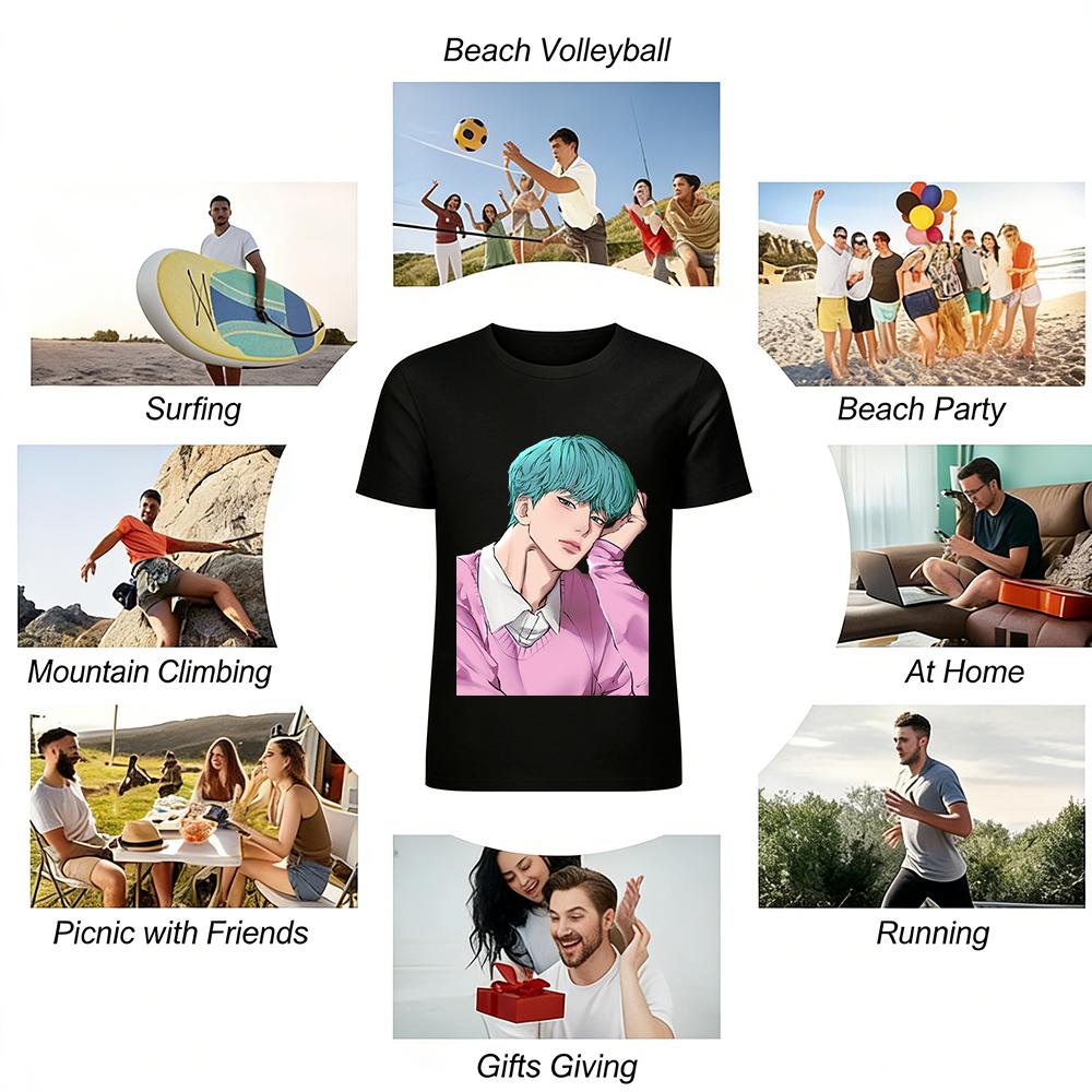 Korean Style Comic Blue-haired Handsome Guy Print Casual Top Loose Fit Crewneck Knitwear Pure cotton T-shirt