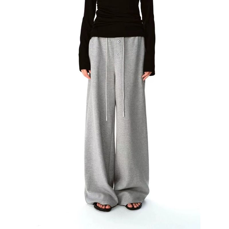 More Than 2024 Buttons Elastic Waist Fall and Winter Gray Straight Sweatpants Idle Style Loose Casual Mop Wide Leg Pants