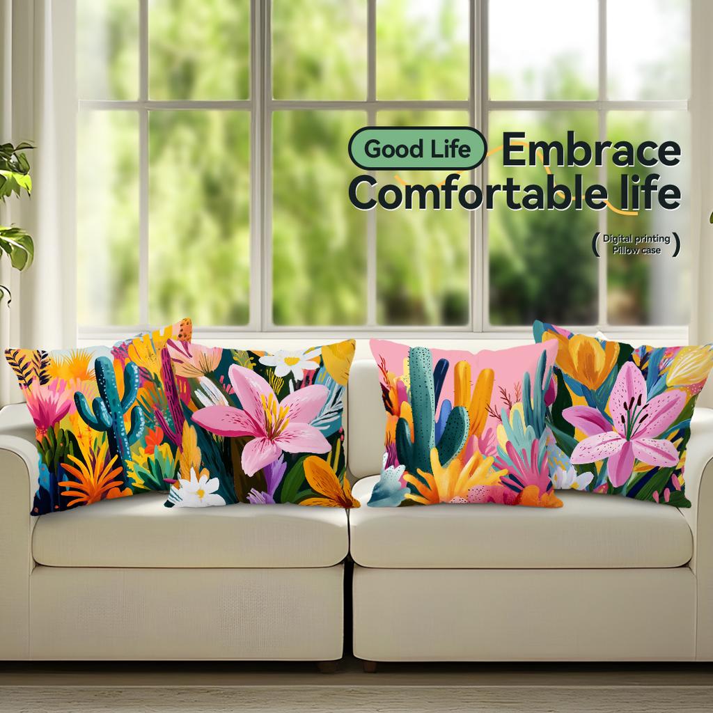Vibrant Flowers And Cacti Cushions Pillowcase Polyester Cushion Cover Throw Pillow Pillowcover Home Car Sofa Decor