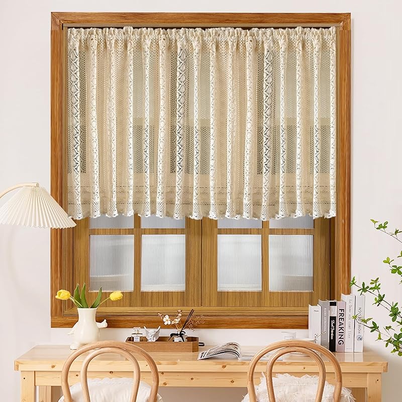 WINYY Rustic Crochet Curtain Valance for Living Room Vintage Lace Curtains for Kitchen Window Boho Curtain Tiers for Cafe Window Rod Pocket Hollow