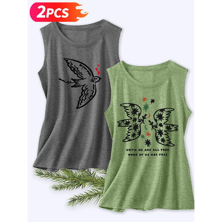 Follow a Specific Direction Two-piece Women's Vest Set Hand-drawn Swallow Vintage Print Elegant Summer Clothing Sleeveless Vest Essential Fashion