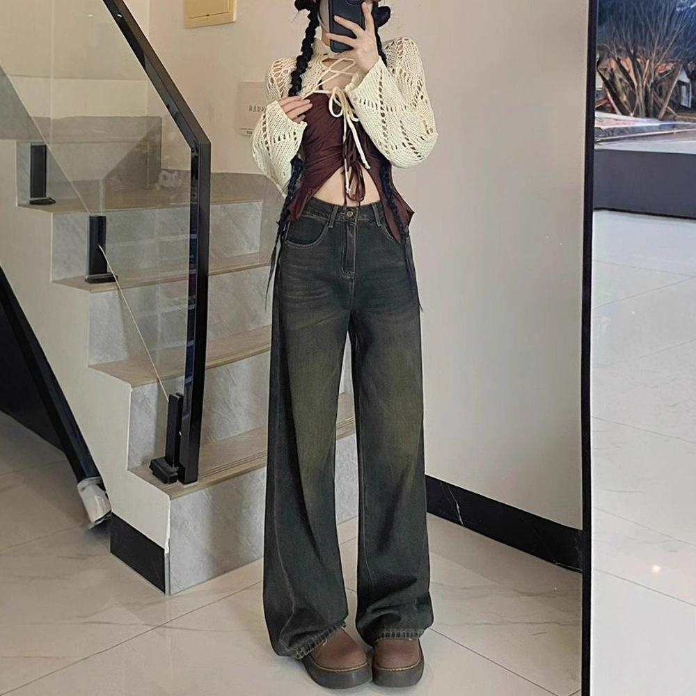 Vintage Wide Leg Jeans Women's Autumn and Winter Large Size Pear-shaped Figure Loose Thin Straight Dragged Trousers Jeans for Women Long Denim Pants