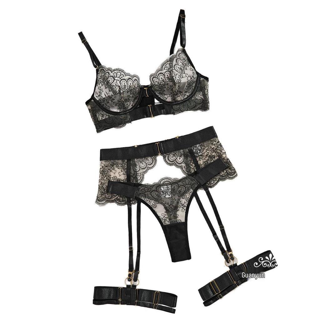 Eyelash Lace Embroidery Three-Piece Erotic Lingerie Set