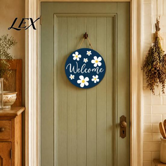 Hanging Sign with Hemp Rope Wooden Daisy Welcome for Front Door, Rustic Farmhouse Wall Decor Handmade House Rope, Wood Plaque Home Entrance