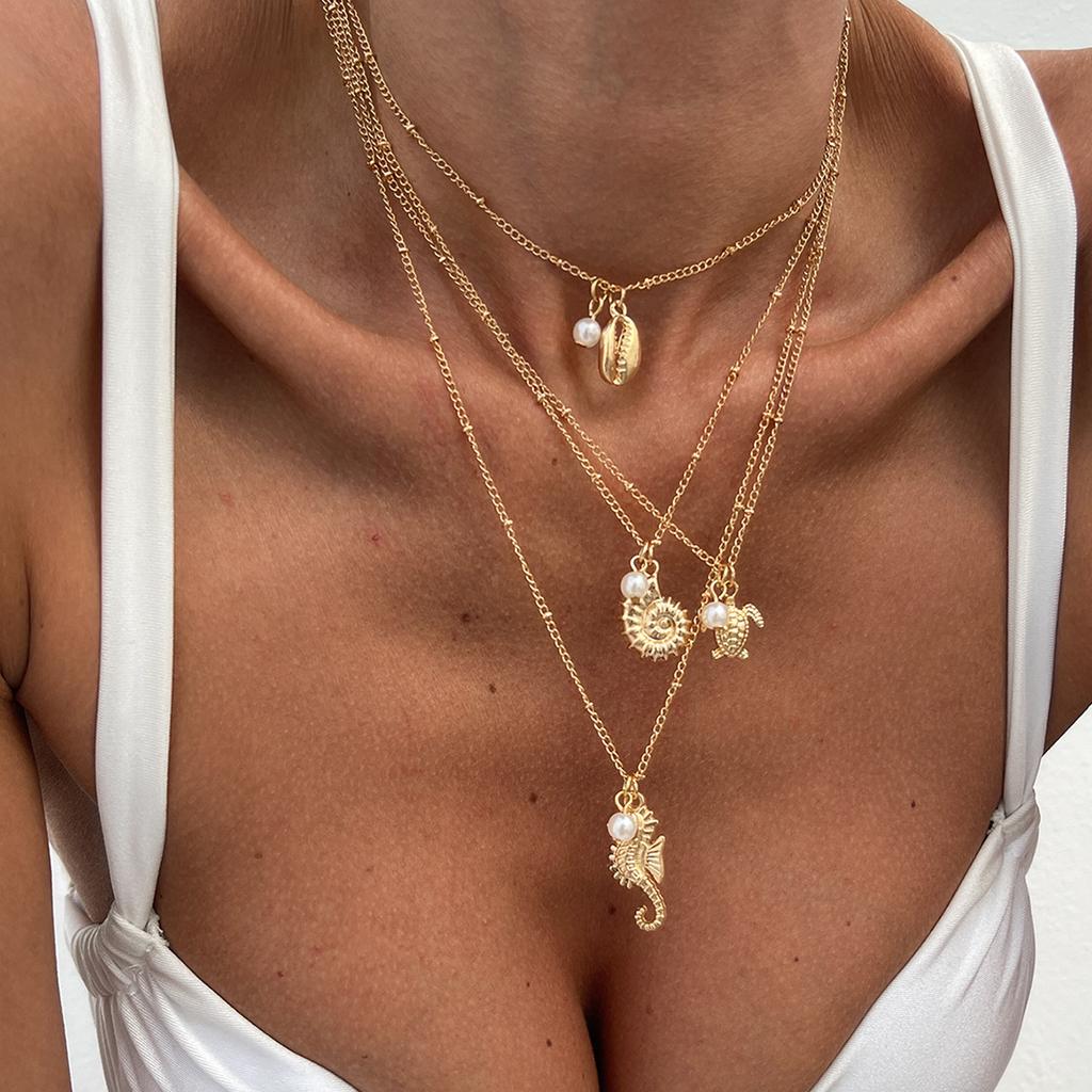 Ocean Wind Metal Conch Shell Collarbone Necklace, Imitation Pearl Seahorse Turtle Stacked Necklace