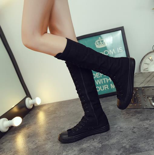 Fashion New Fashion 3Colors Women's Canvas Boots Lace Zipper Knee High Boots Boots Flat Shoes Casual High Help Punk Shoes Girls