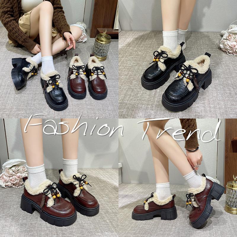 Winter Fluffy Shoes Women's 2025 New British Style Small Leather Shoes, Plush Thick-soled Warm Cotton Shoes, Casual Snow Shoes