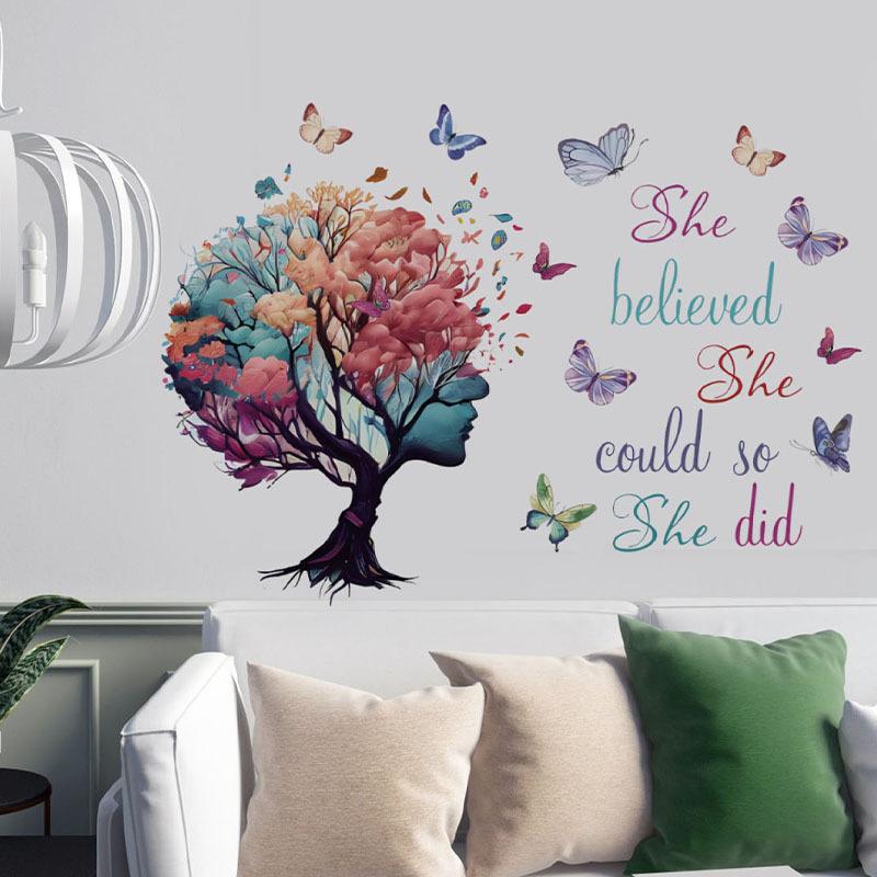 She Believe Tree Wall Sticker Girl Room Butterfly Inspirational Quote Decal Bedroom Home Decor