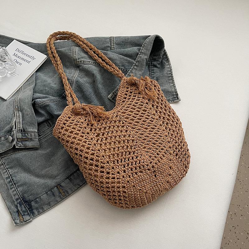 Hand-woven cotton thread crochet hollowed tassel shoulder strap casual vacation single shoulder women's tote bag