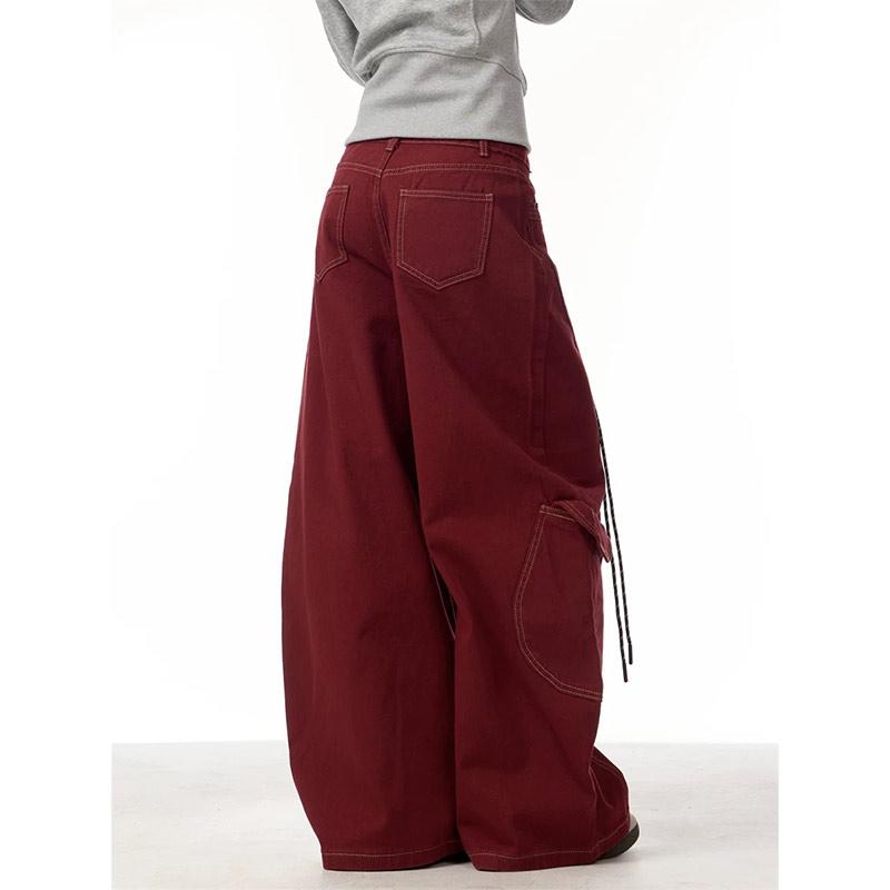 Jeans Femme Rouge Vintage Taille Haute Coupe Droite Pantalon en Jean Y2K Hip Hop Streetwear Jambe Large Pantalon en Jean Classique