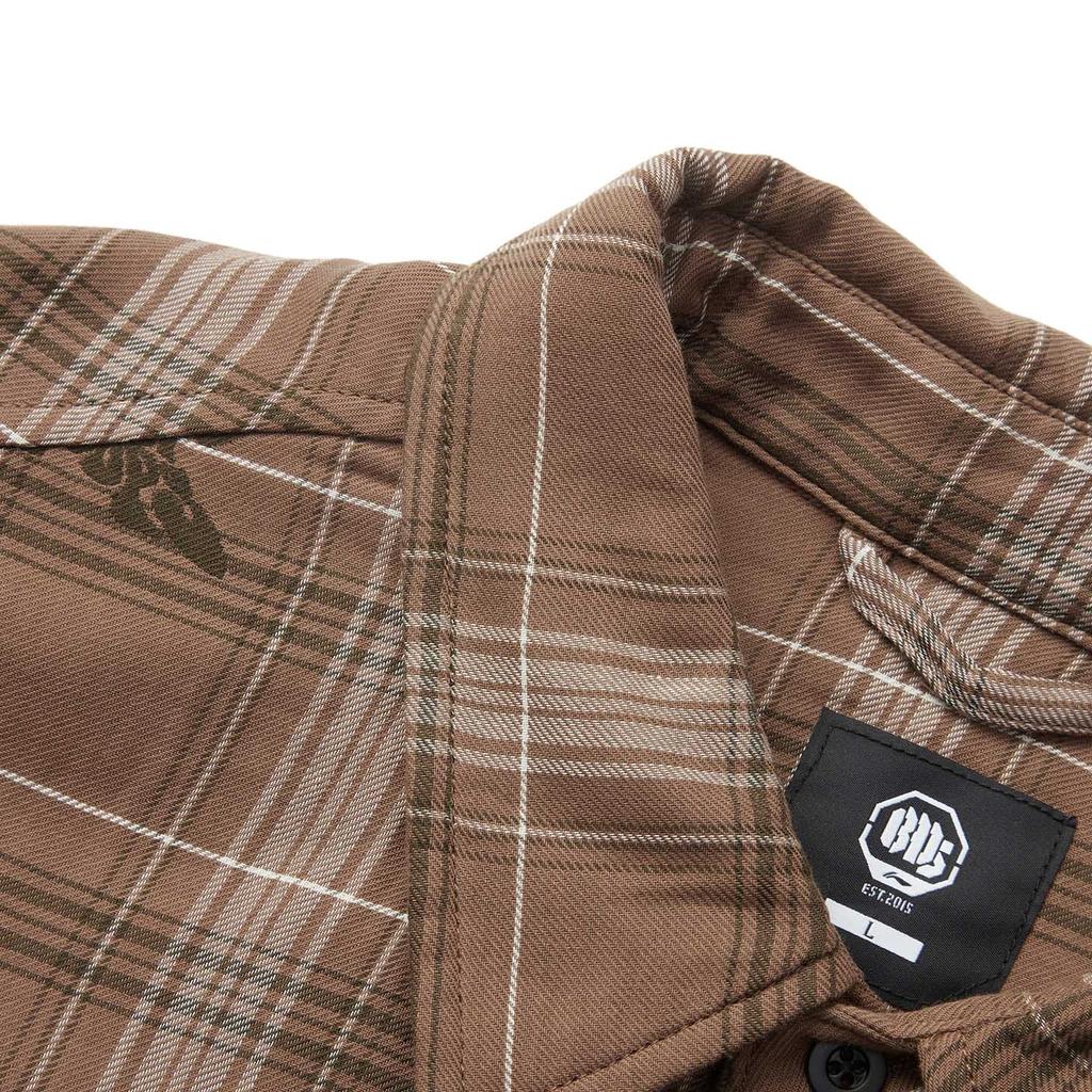 Li Ning Basketball Series Fan Wu Series Full Print Checkered Single Row Button Down Short Cotton Jacket Men Jackets Brown AJMU127-3