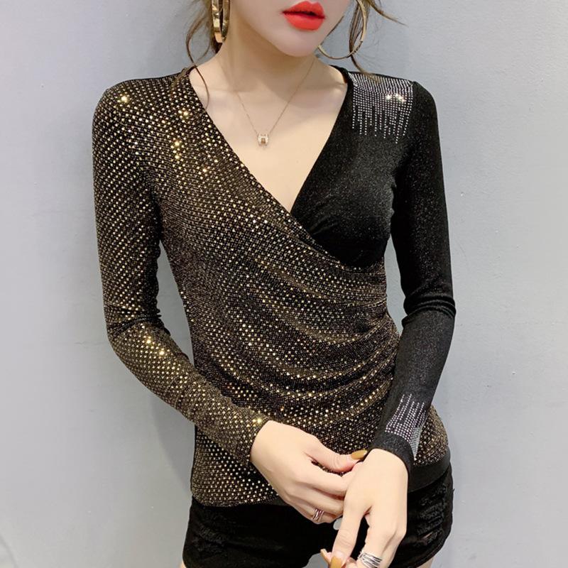 

Рубашка на сетчатой основе для женщин на осень и зиму, блестящий плиссированный сексуальный топ с V-образным вырезом, узкая футболка с длинными рукавами 3XL