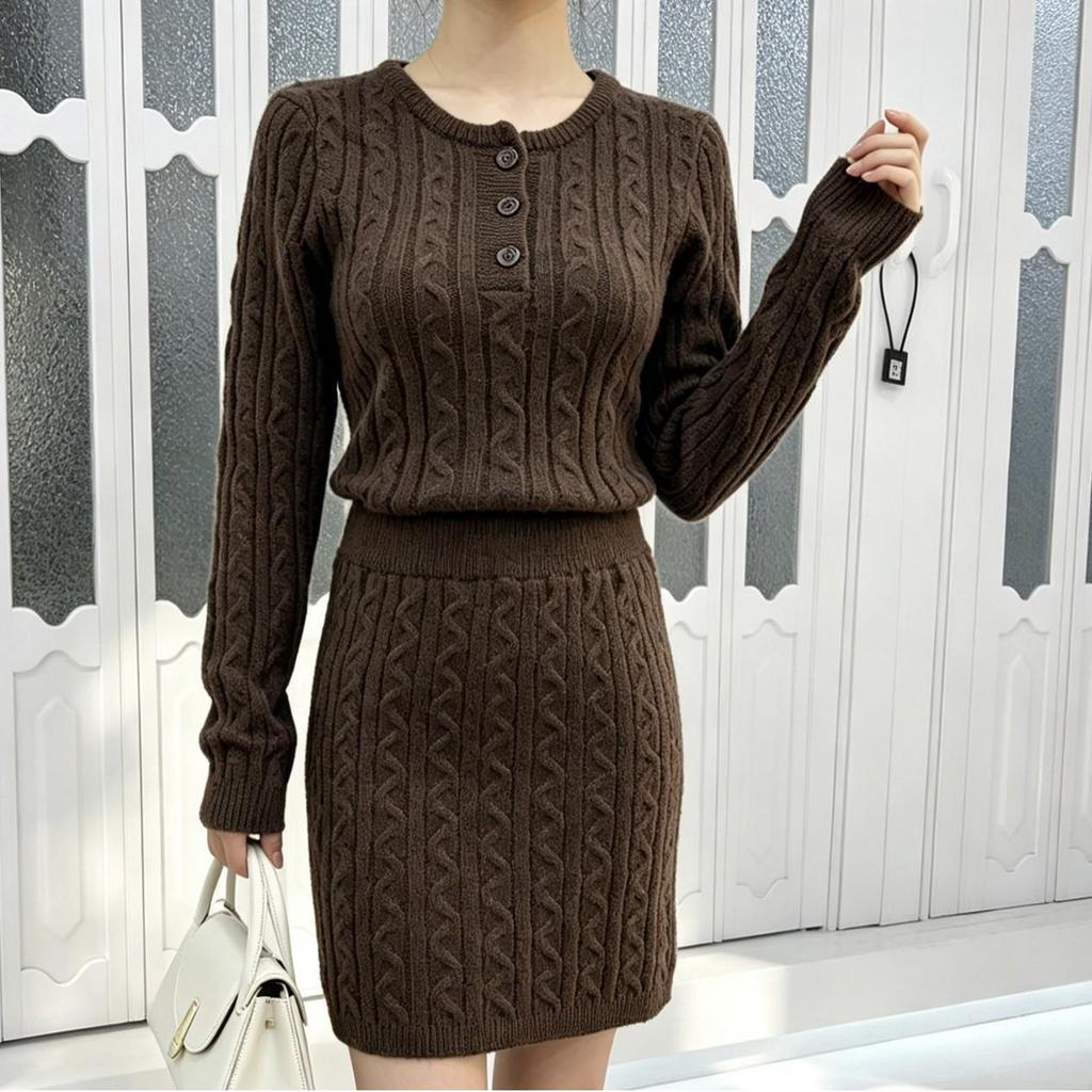 Damen French Style Zopfmuster Pullover & Bodycon Rock Set - Elegantes und Figurschmeichelndes Herbst/Winter Zweiteiler mit Rundhalsausschnitt