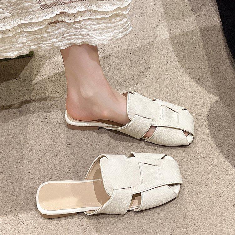[Ushilai] French retro square head woven slippers women's spring 2025 new fashion outer wear one pedal