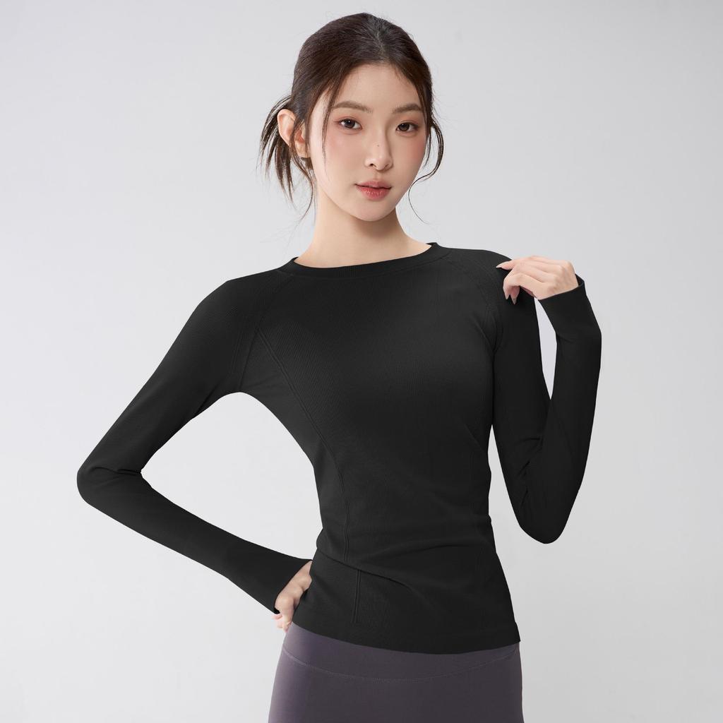 Women's Seamless Knit Yoga & Pilates Slimming Long Sleeve Top with Finger Cots