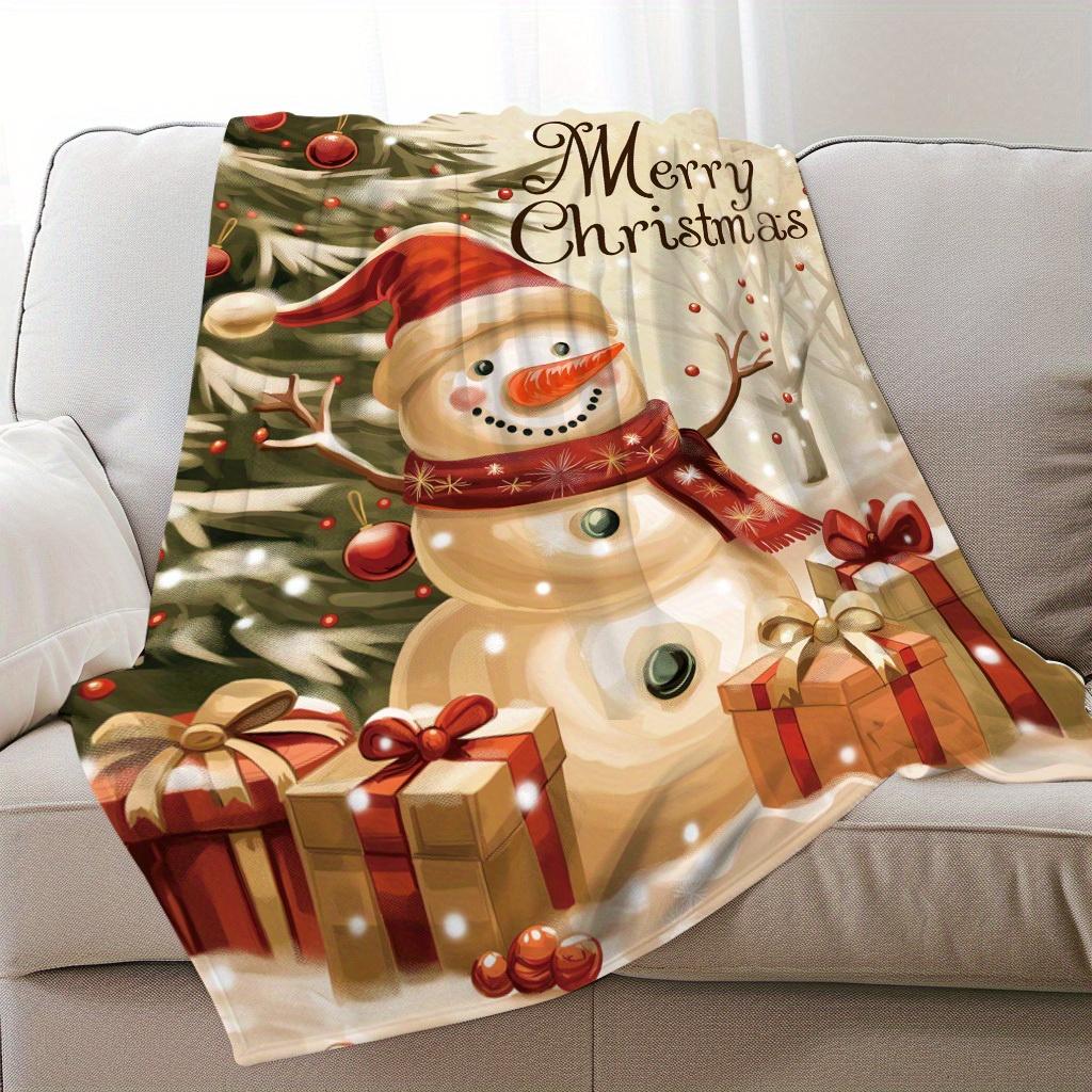 1pc Christmas Snowmen Trees Presents Print Blanket - Soft Warm Flannel All-Season Cozy Throw for Home Decor, Camping, Travel