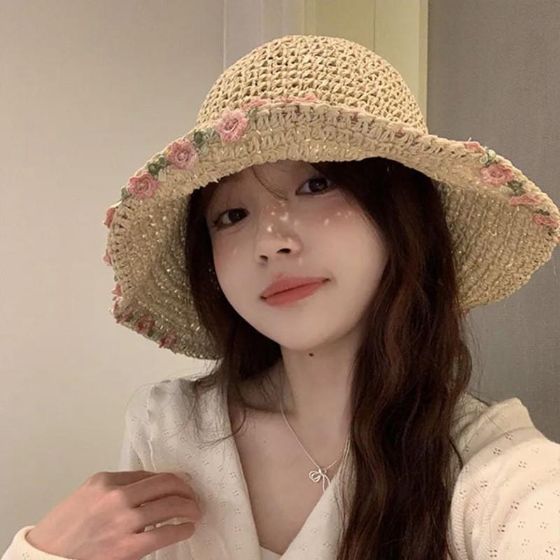 Stylish Ins Flower Foldable Straw Hat For Women Summer Beach Sun Protection