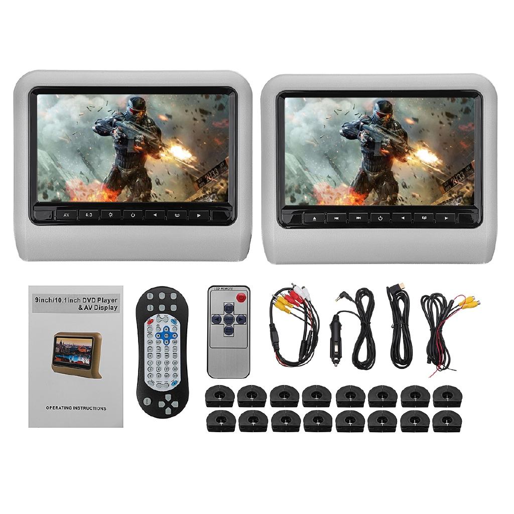1Set 2pcs 9 Inch Car Headrest Monitor DVD Player +AV Display Remote Controller with Cable Kit Car Pillow LCD Monitor Universa 20*25*5cml
