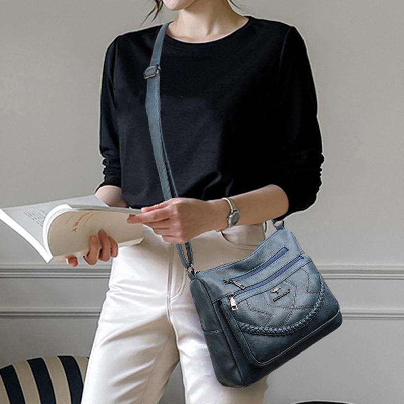New Middle-aged Mother Bag Simple and Fashionable Retro Shoulder Bag Soft Leather Large-capacity Multi-layer Zipper Pocket Crossbody Bag